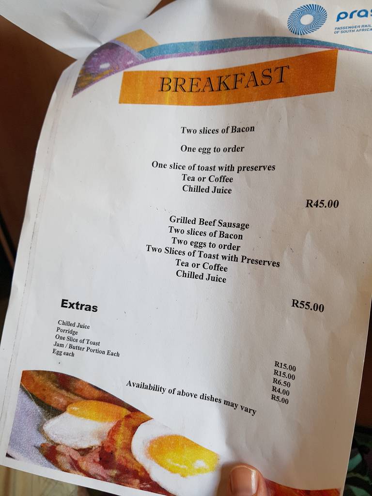 Johannesburg to Cape Town by Train Shosholoza Meyl South Africa Breakfast Menu
