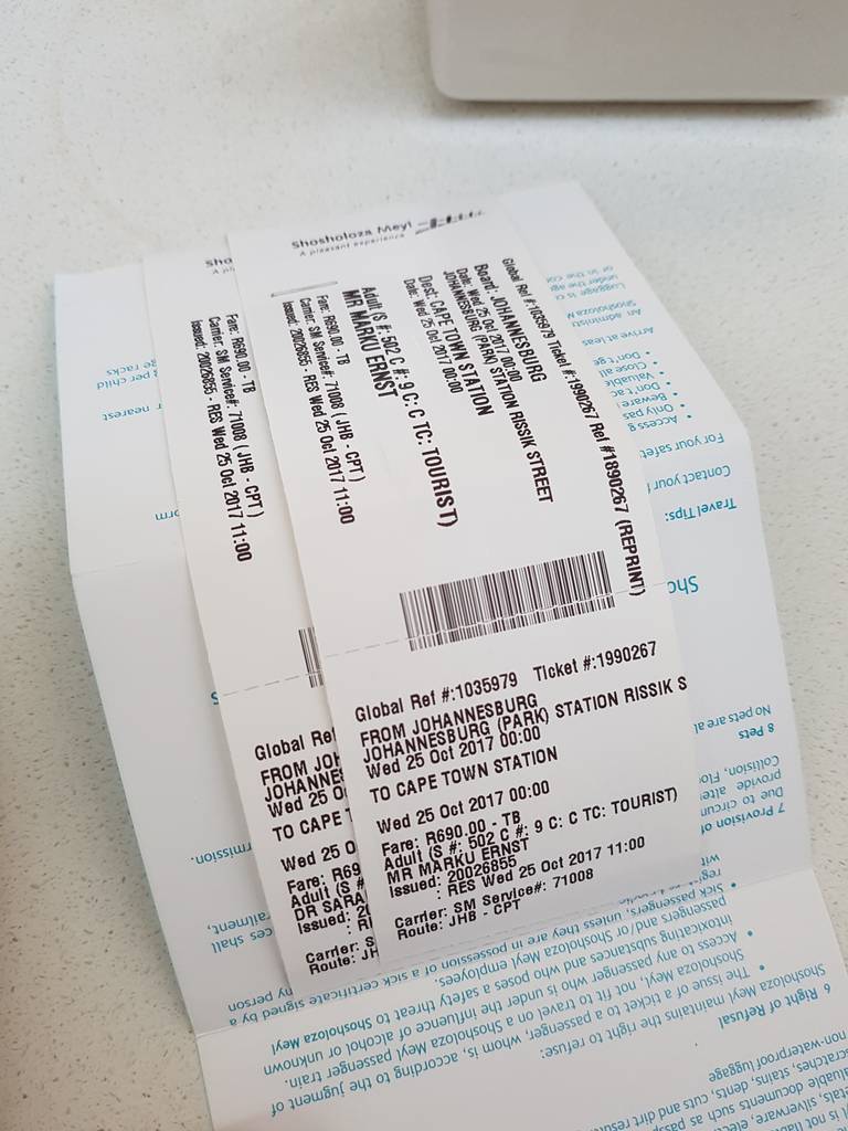 Johannesburg to Cape Town by Train Shosholoza Meyl South Africa Ticket