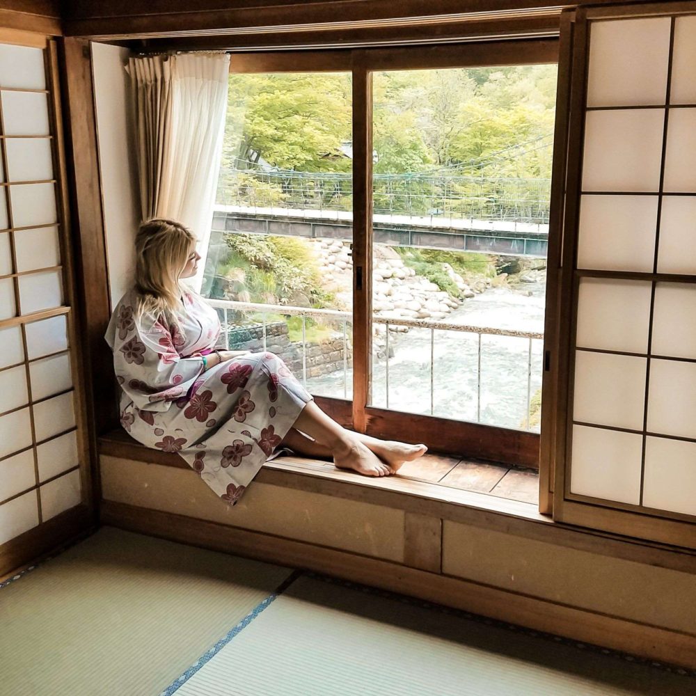 View from the corner room in the main building of the Takaragawa Onsen Osenkaku Ryokan in Minakami Region Japan