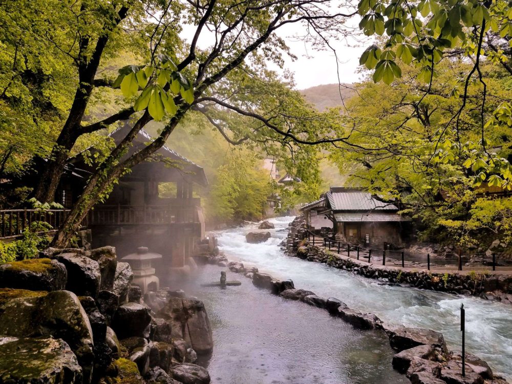 View of one of the Rotemburos at Takaragawa Onsen Osenkaku in the Minakami region of Japan (Gunma preference) - the largest outdoor onsen in Japan!