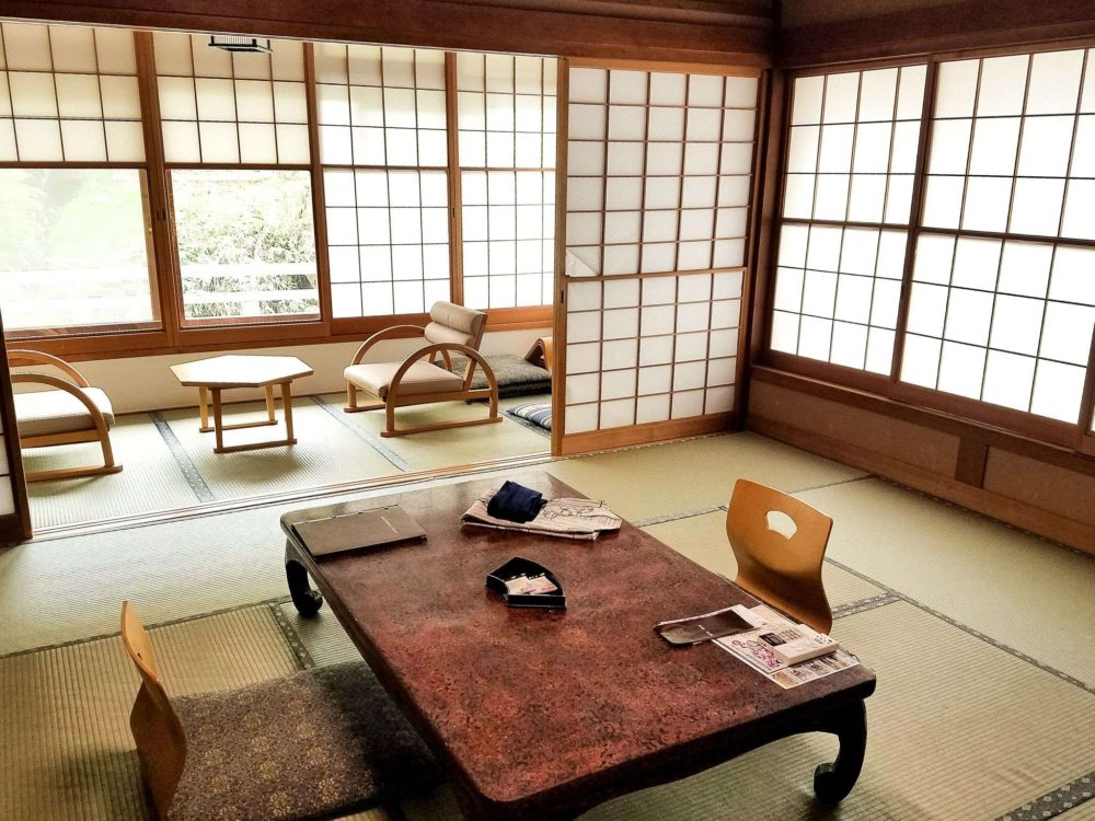 The corner room at the main building at the Takaragawa Onsen Osenkaku Ryokan in Minakami Onsen region in Gunma preference, Japan