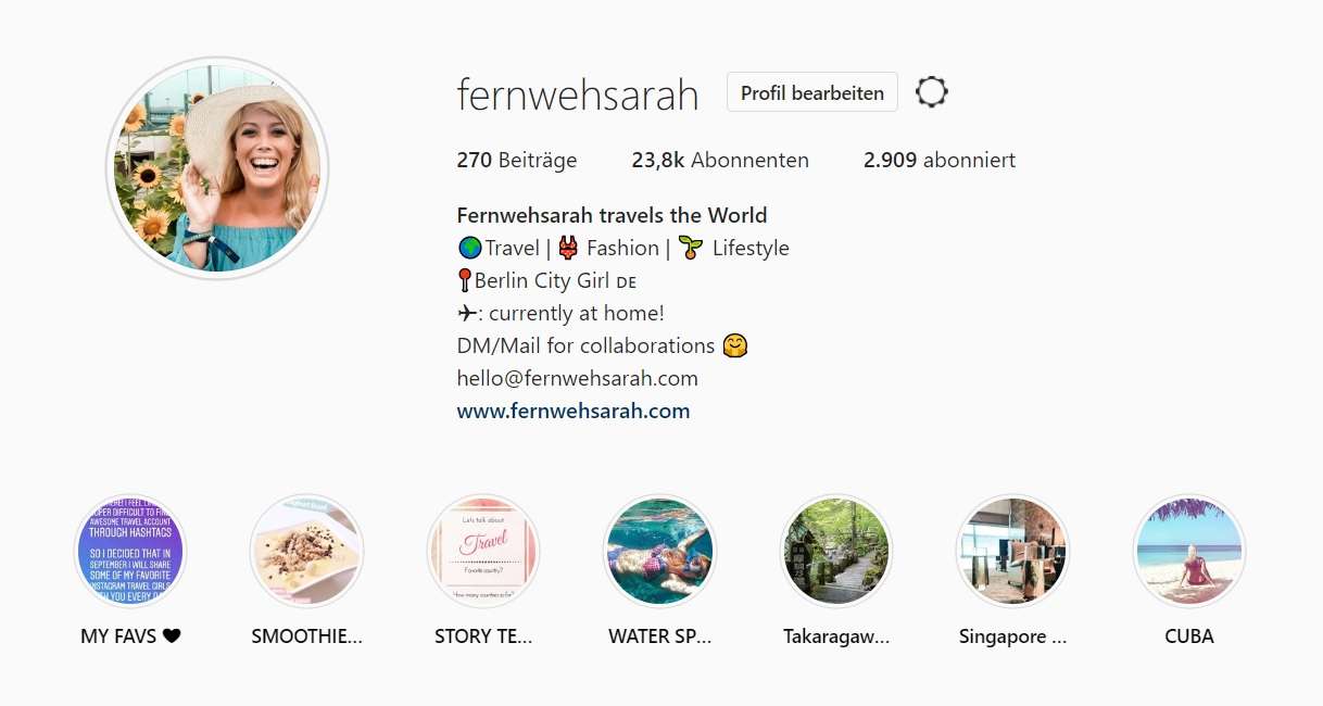 Screenshot of Fernwehsarah Instagram Profile Bio