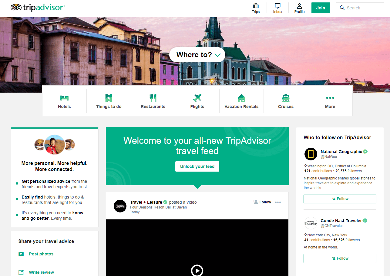 Screenshot of the start page the new Tripadvisor 2.0 with social media functions
