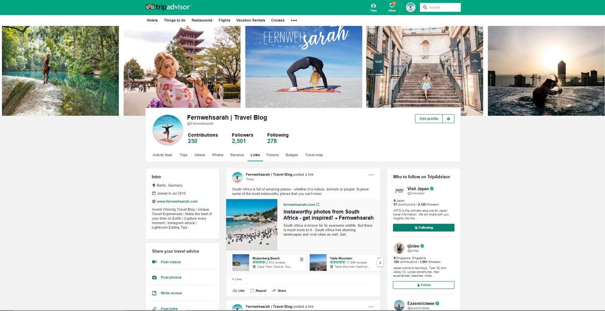 Screenshot of Profile Page of the new social TripAdvisor platform
