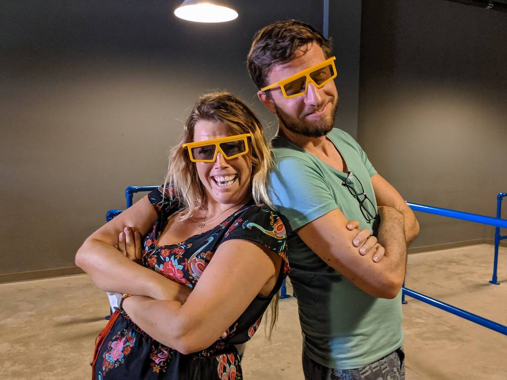 Sarah and Markus wearing 3D glasses at Legoland Dubai