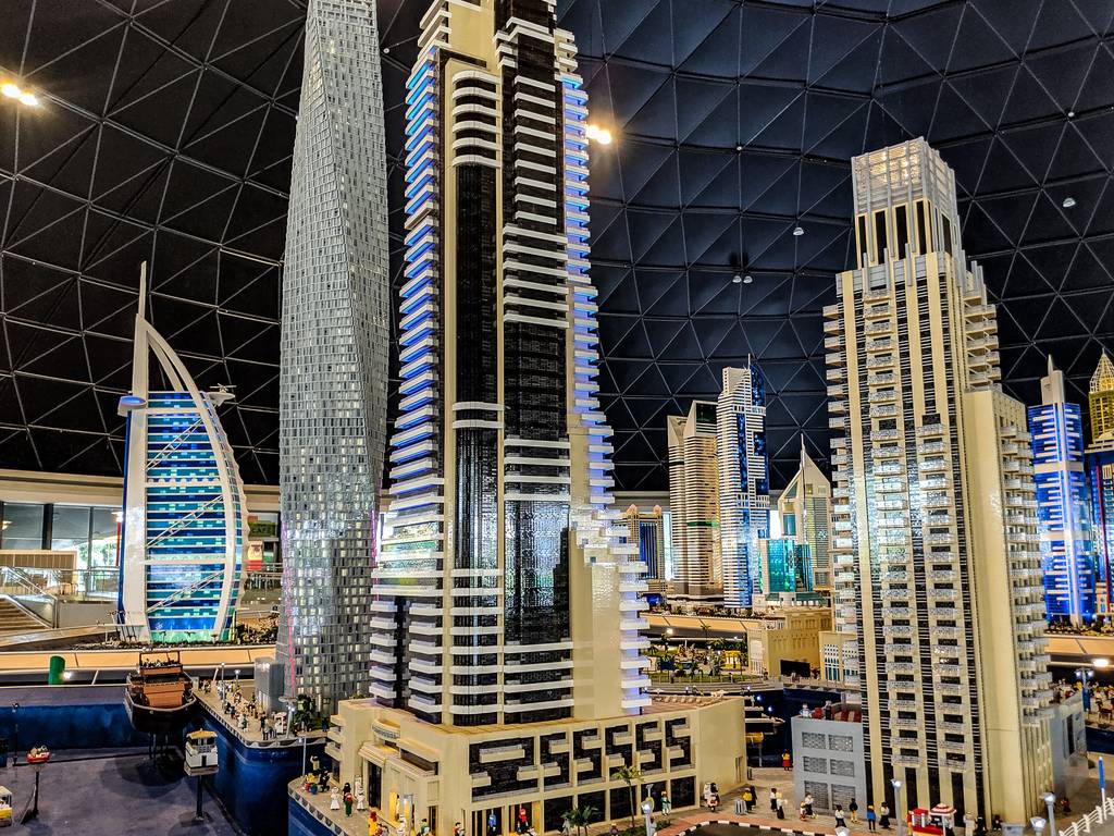 Miniland at Legoland Dubai with miniatures of Burj Al Arab and Grosvenor House