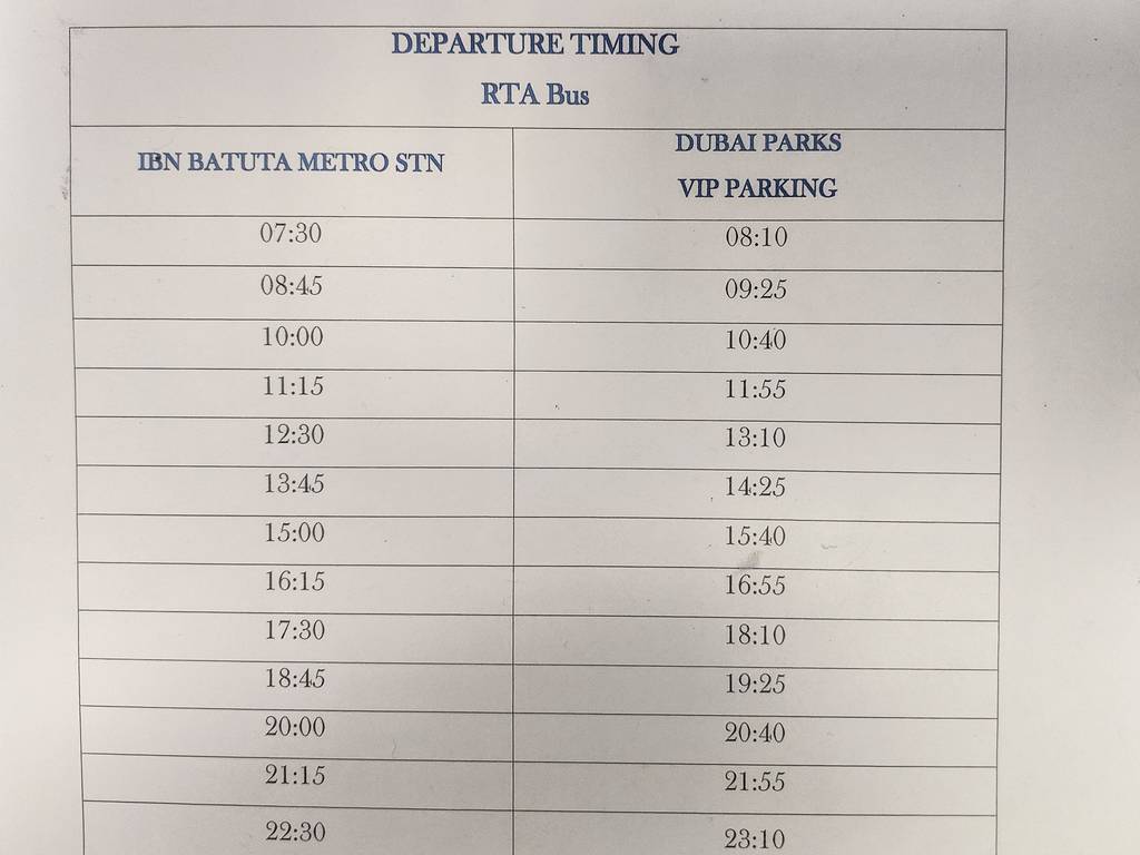 RTA Bus schedule DPR bus from Ibn Battuta Metro Station to Dubai Parks and Resorts
