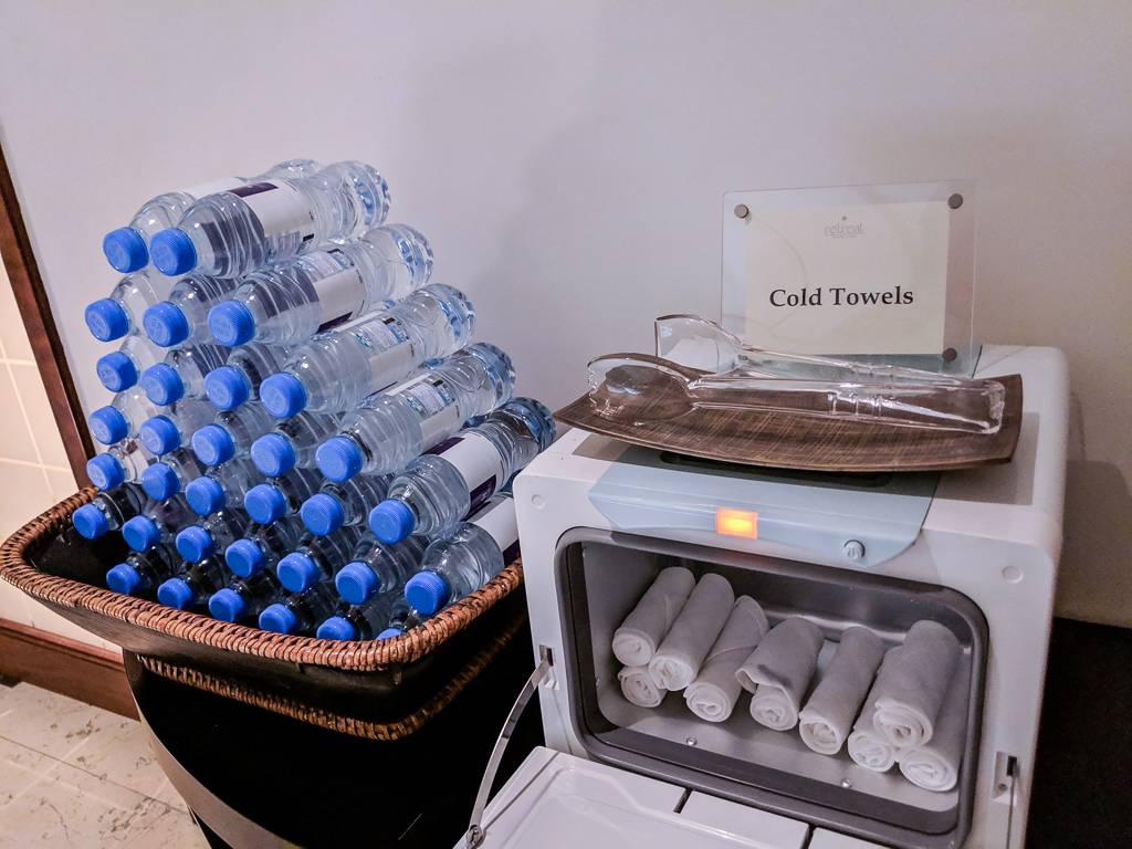 Free water bottles and cold towels in Spa of Grosvenor House Dubai