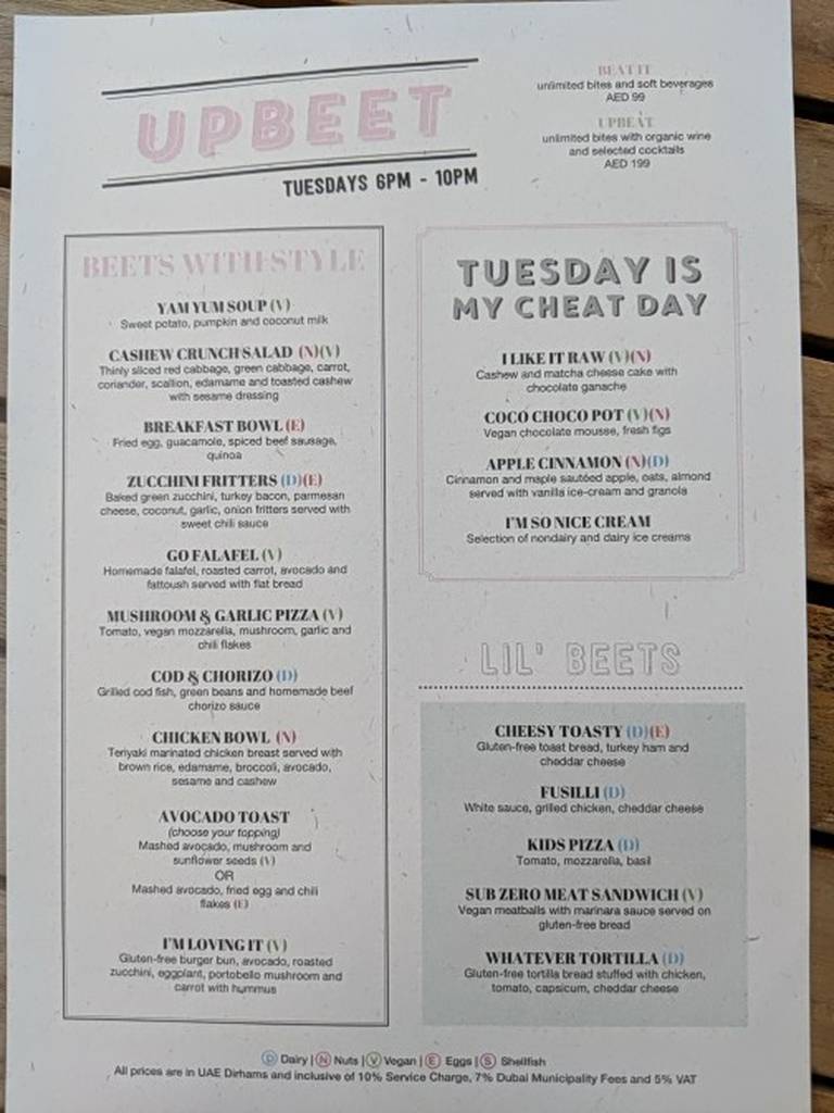 Ladies night Dubai Tuesday -Upbeet menu