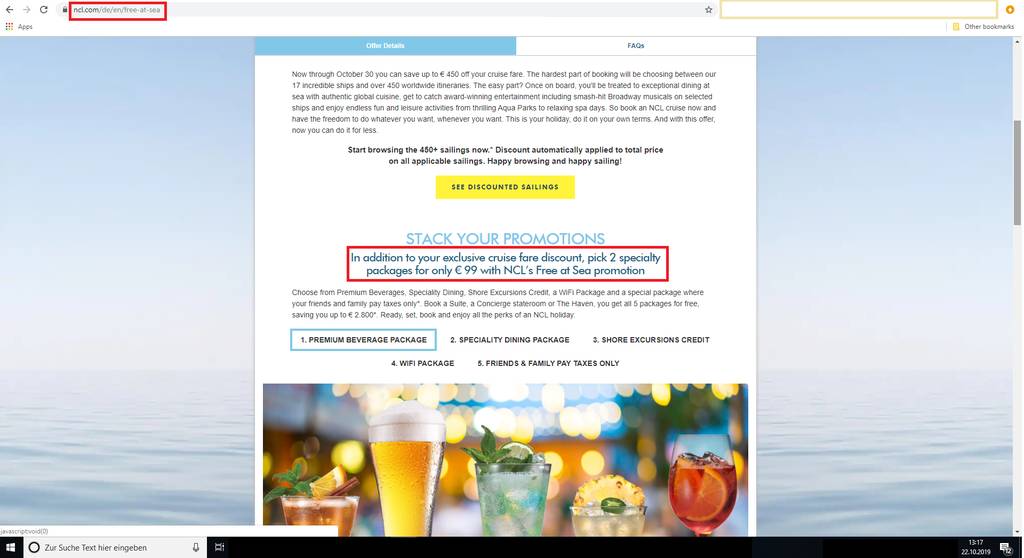 German NCL Website with Norwegian Free at Sea offering