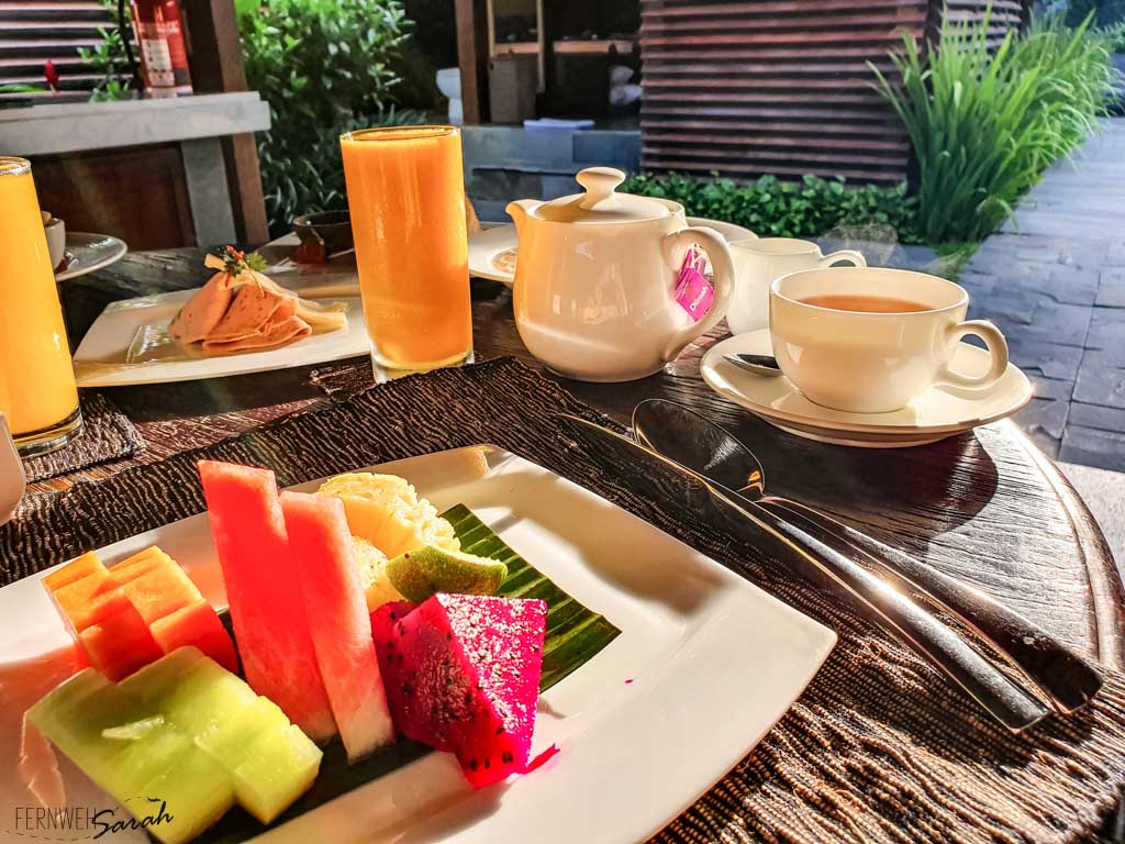 Fruit platter and other breakfast items at Kayumanis Ubud Private Villa & Spa- an Ubud private pool villa in Bali