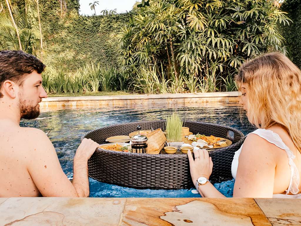 Eating our floating breakfast in our private pool villa