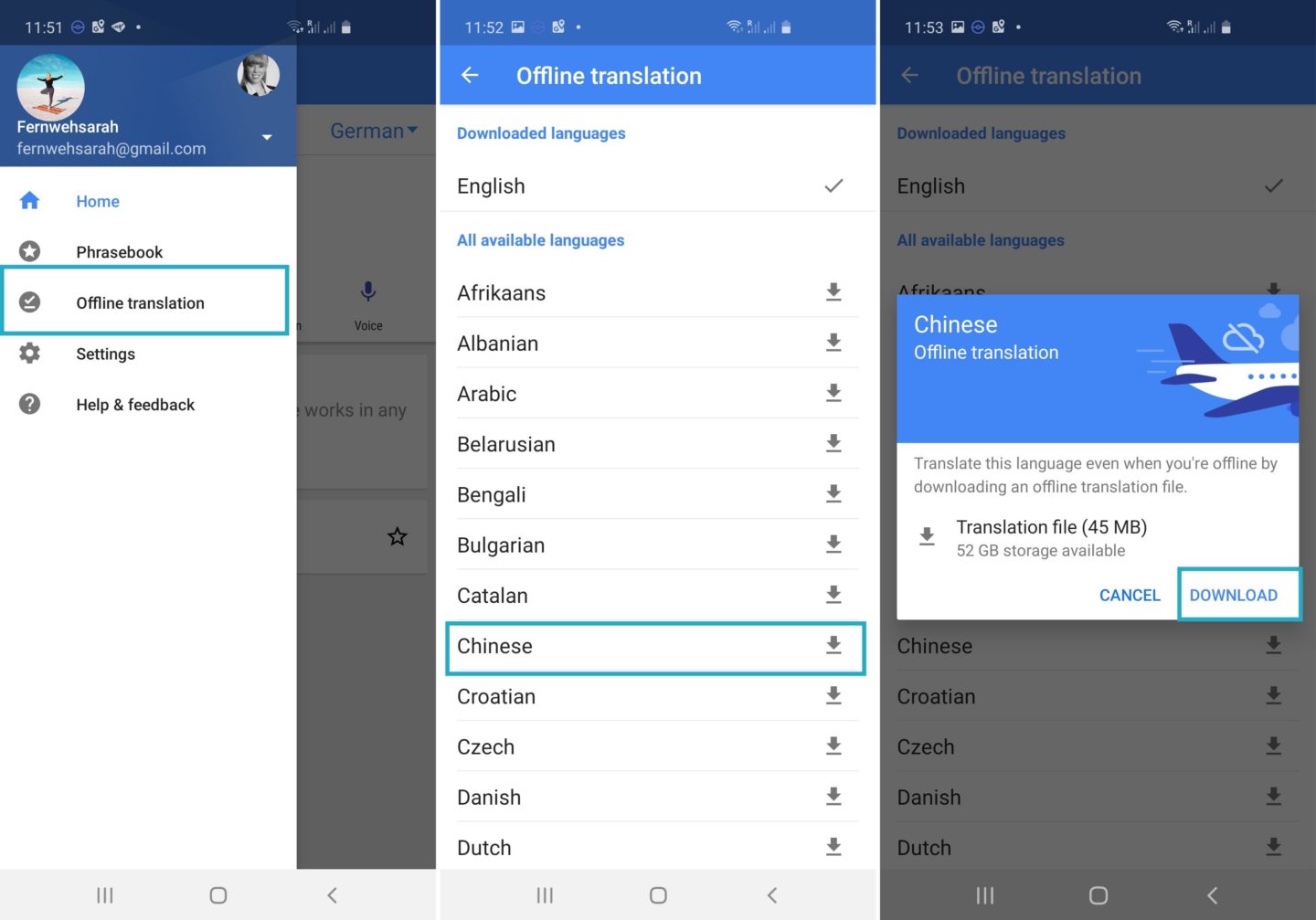 Screenshots on how to download the Chinese language package in Google translate