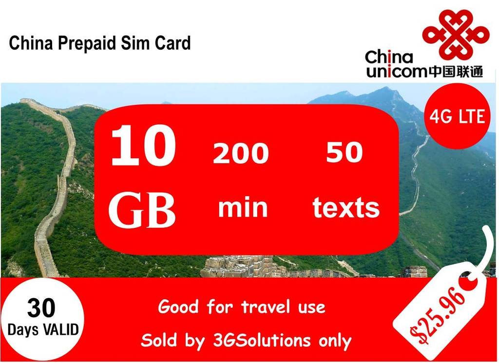 China Unicom Prepaid Sim Card 10GB for tourists 30 days