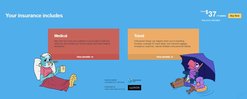 Safety Wing Travel Insurance - Medical and Travel what's covered infographic