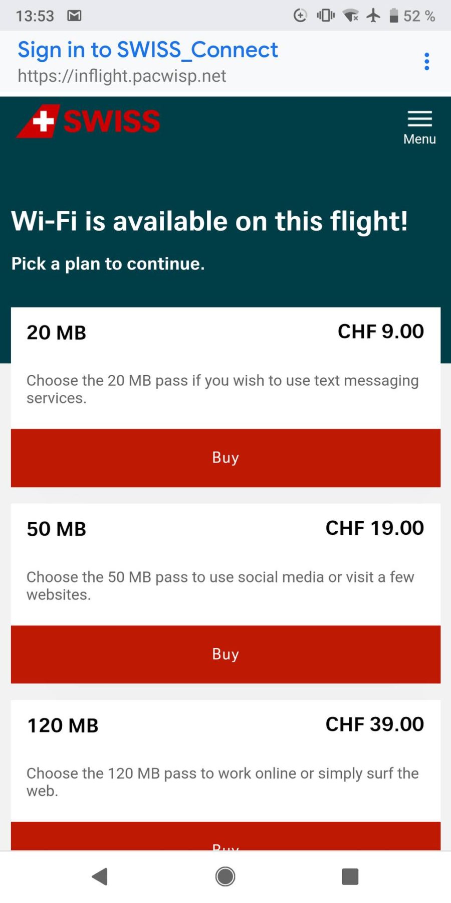Swiss Air Connect Pricing Screen for Inflight WiFi